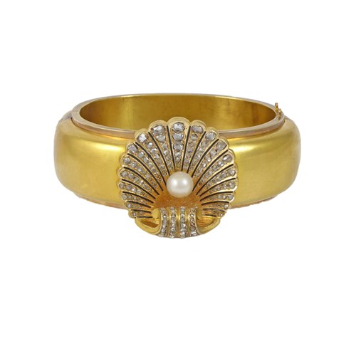 Mid-19th century gold, diamond, enamel and pearl scallop shell bangle c.1860,